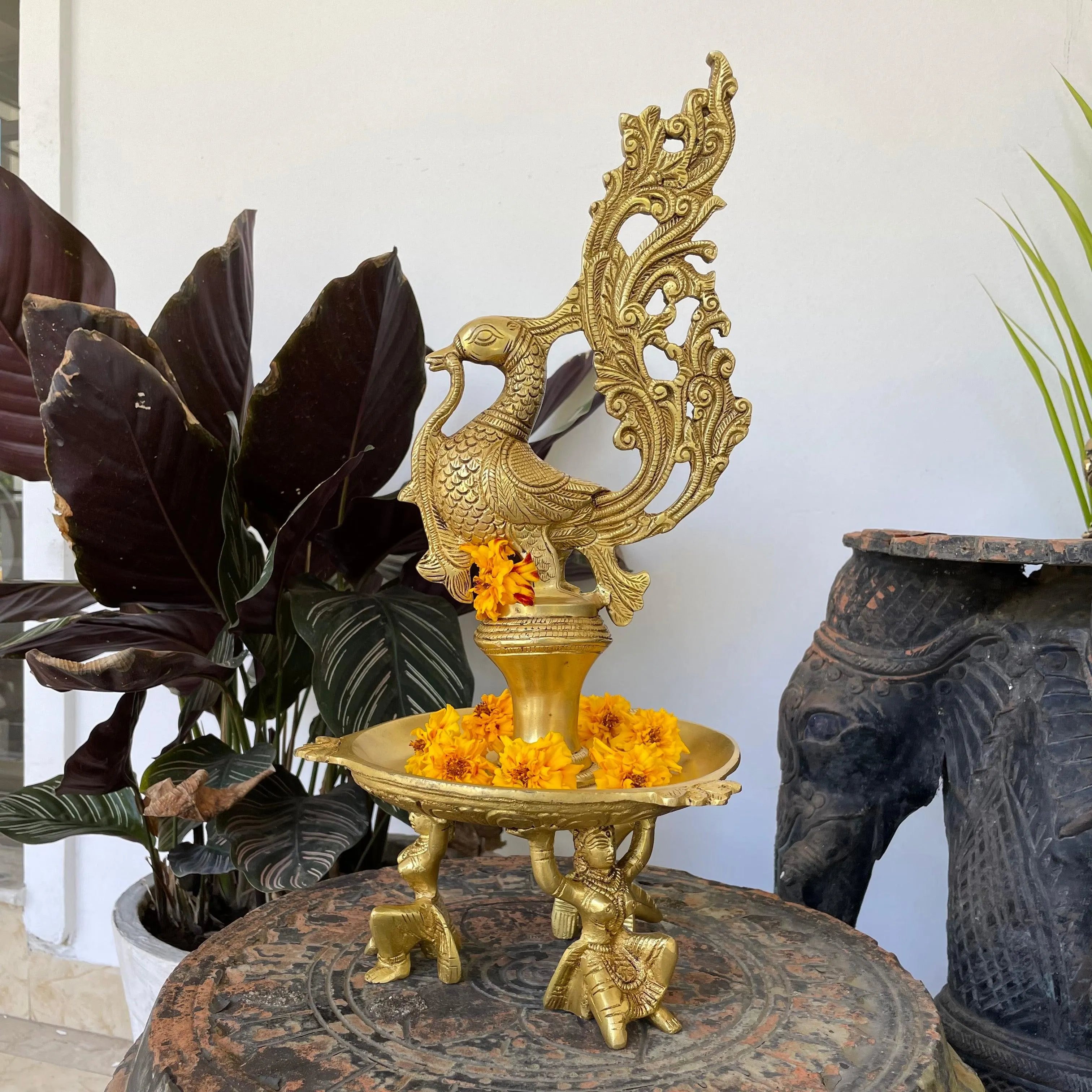 15 Inches Dancing Peacock Diya With Beautiful Lady Figures- Handmade Brass lamp Home Decor