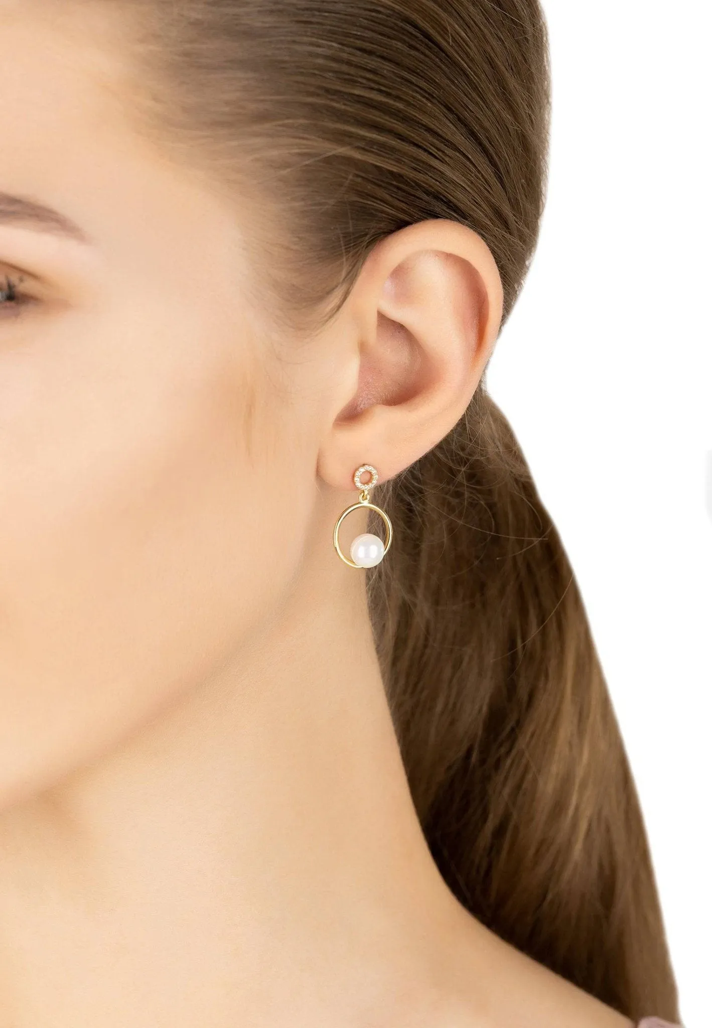 Asymmetric Circle & Pearl Earrings Gold