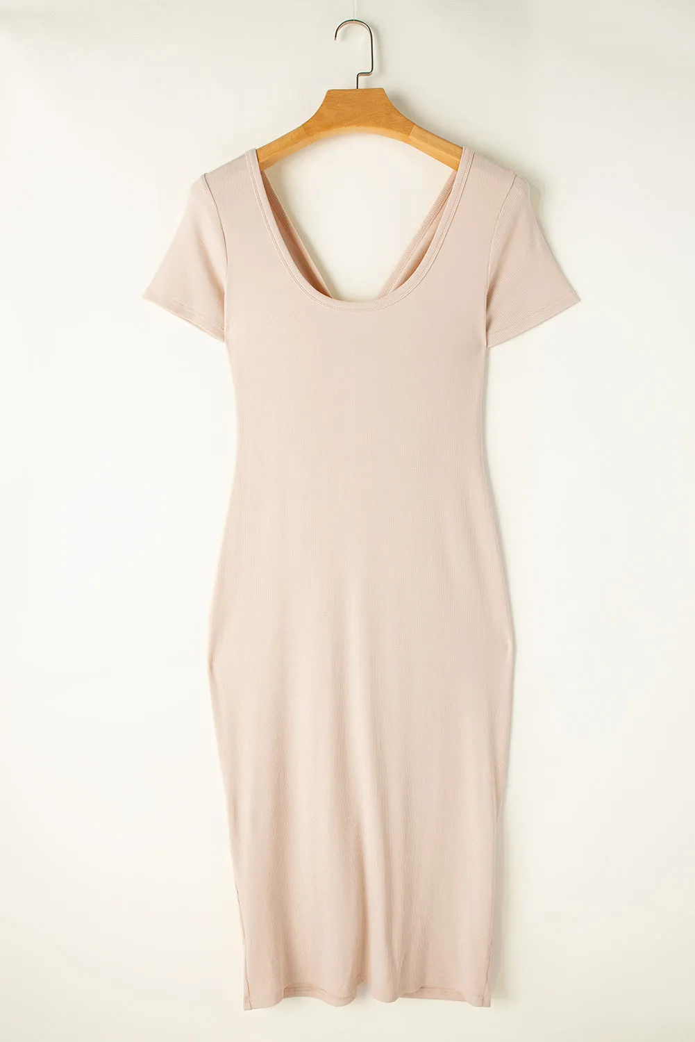 Beige V Neck Ruched Button Front French T-shirt Dress