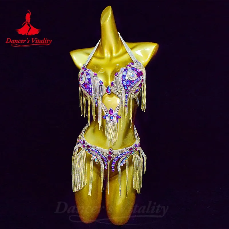 Belly Dance Performance Bra Suit for Women Customsized Senior AB Stones Bra belt 2pcs Adult Children Oriental Dancing Bra Suit