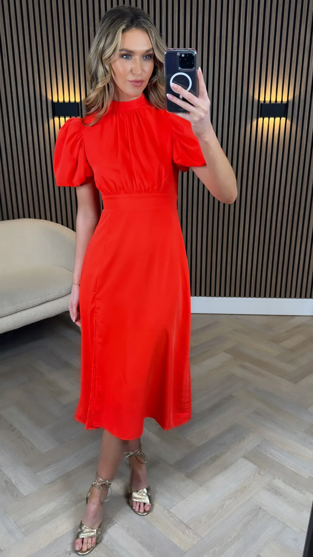 Elara Orange Puff Sleeve High Neck Midi Dress
