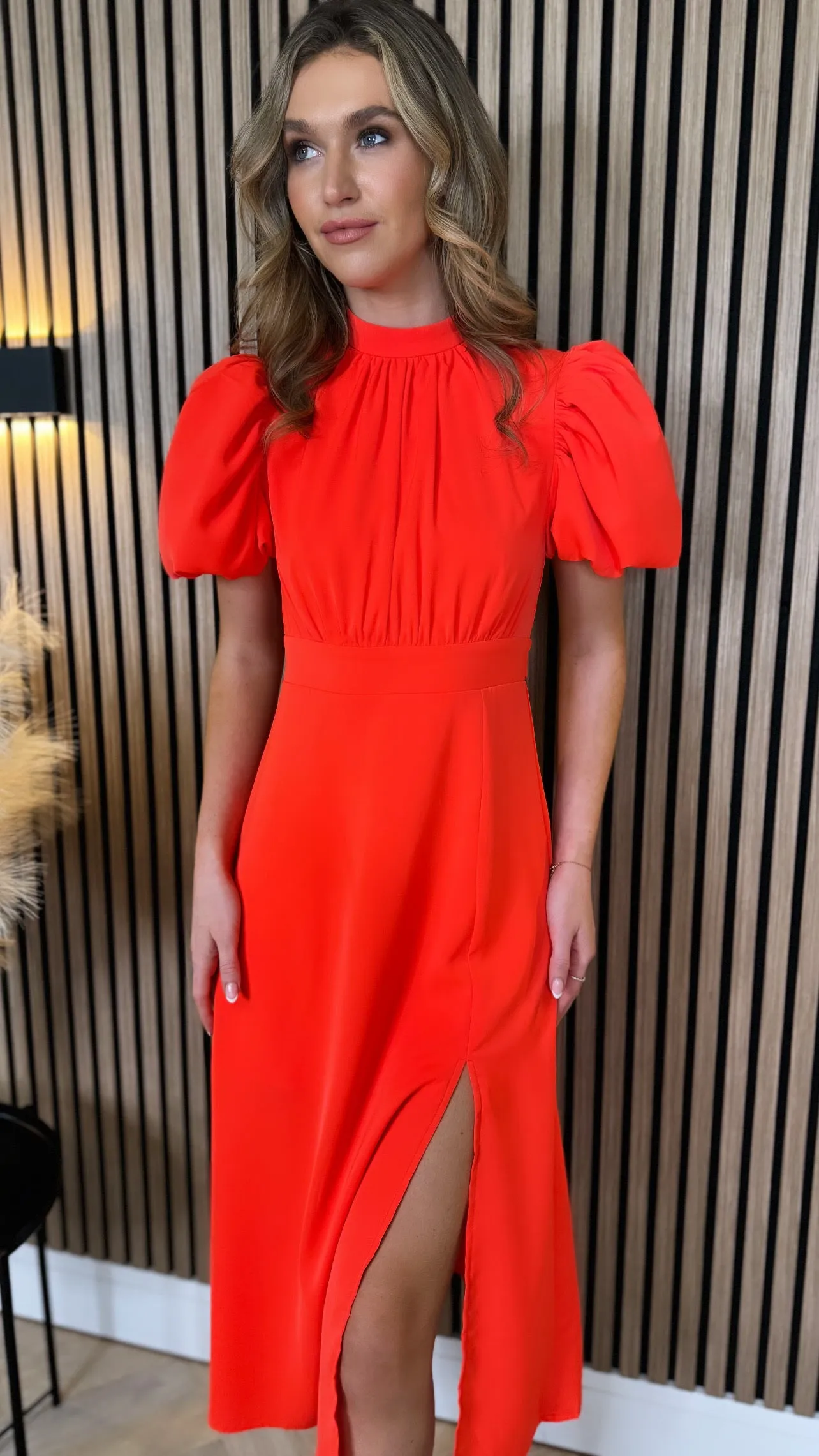 Elara Orange Puff Sleeve High Neck Midi Dress