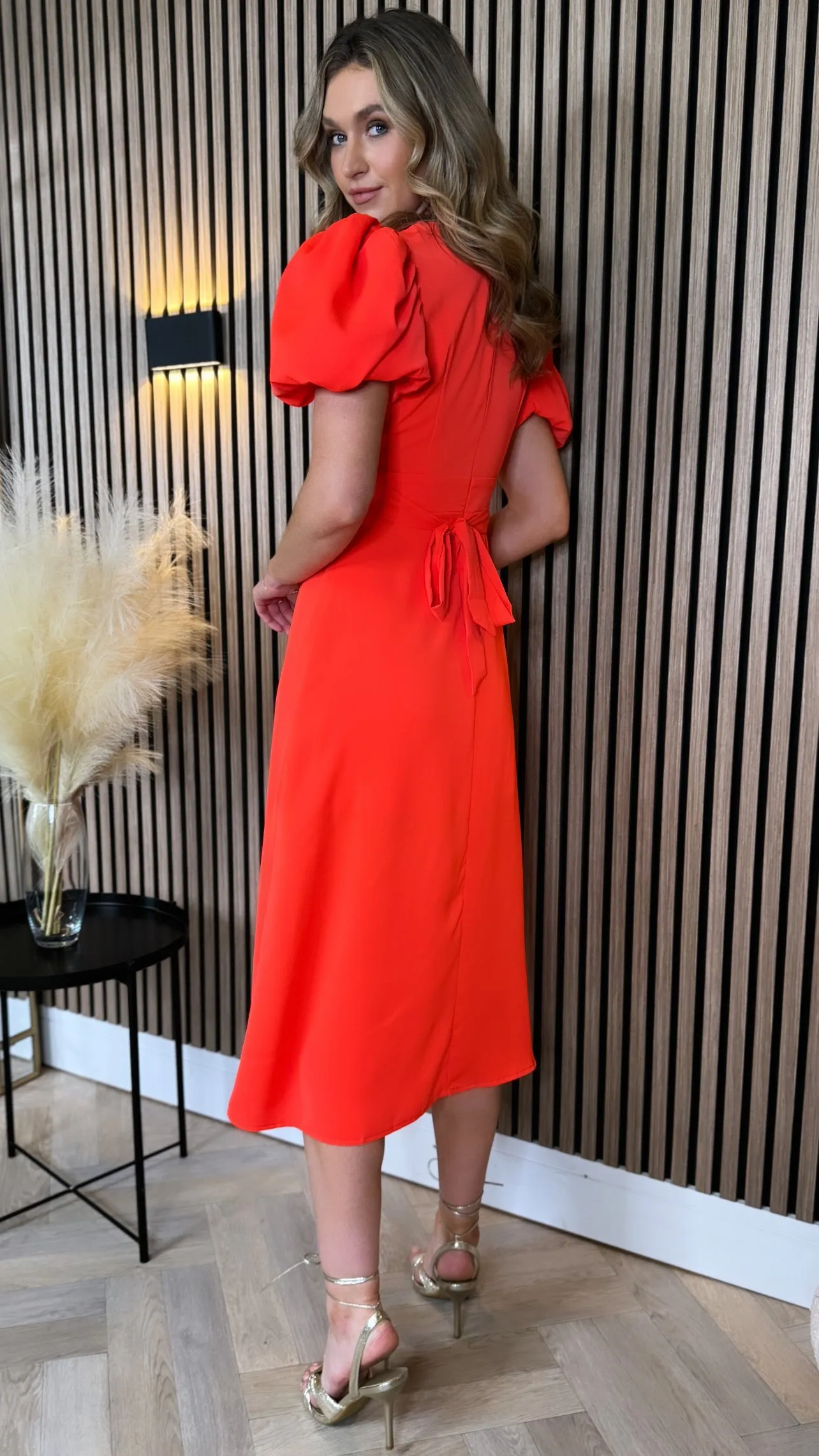 Elara Orange Puff Sleeve High Neck Midi Dress