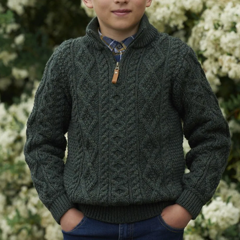 Green Kids Half Zip Aran Sweater